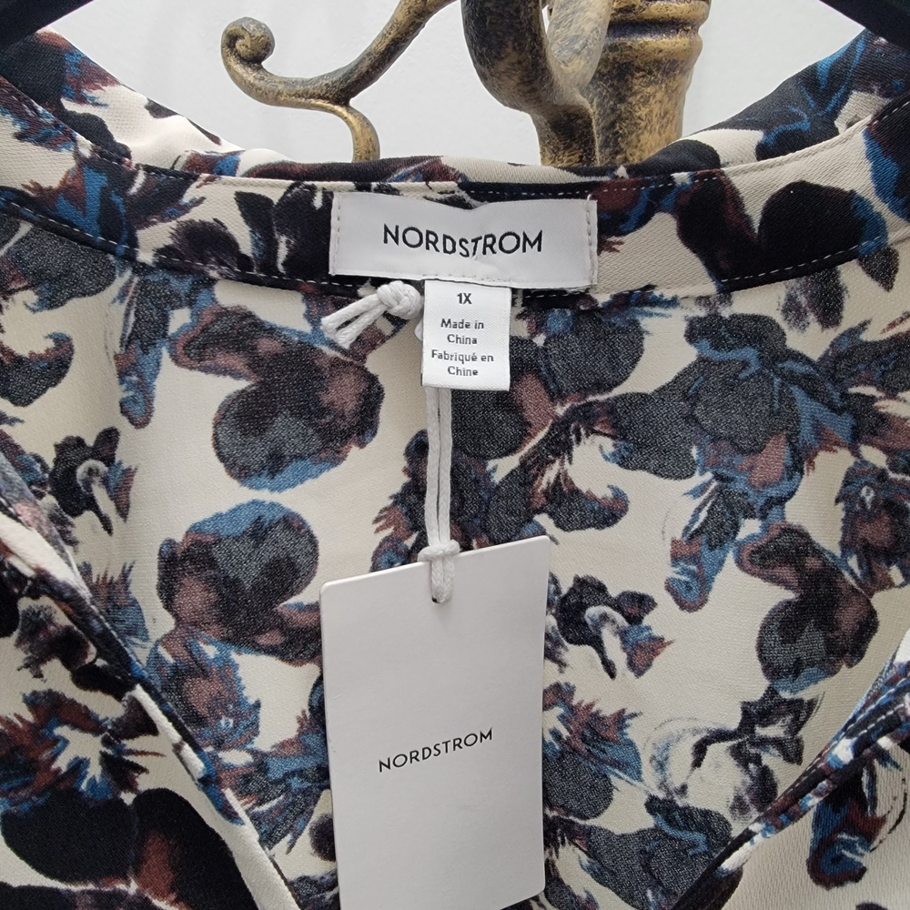 Nordstrom Cream Blouse with Blue and Brown Floral Print